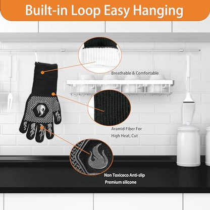 BBQ Gloves 1472F Heat Resistant Non-Slip Silicone 13.5in (Grey) | Grill Cut-Resistant, Oven Kitchen Safe for Barbecue, Cooking, Frying - color: Gray