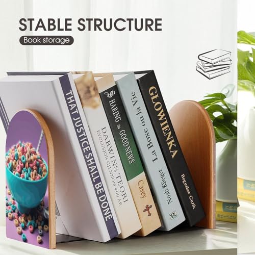 Cereal in Bowl Book Ends for Shelves Heavy Duty Non-Slip Wooden Bookends with Metal Base Modern Decorative Wooden Book Holders Book Stopper for Home Office And Library,Books Shelf Holder Organizer Acc