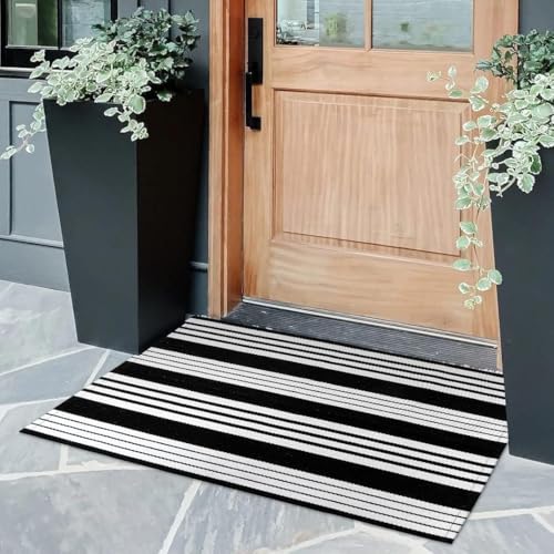 Front Door Mat 24"x35" Black and White Outdoor Rugs Front Door Rug | Washable Entryway Rug Cotton Woven Indoor Outdoor Doormat Small Area Rugs Layered Doormat for Porch/Outside Entrance Decor - color: Black/White Stripe, size: 2' x 3' (Rectangular)