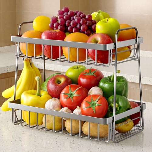 Sakugi Fruit Basket for Kitchen Counter - 2-Tier Fruit Bowl with Removable Banana Hanger & Handles, Rustproof Fruit Holder for Kitchen, Living Room, Bathroom, 13.4"×8.7"×11.7", Silver - color: Silver, size: 2T Large