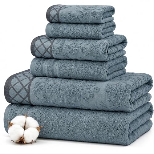 Modern Threads 6 Piece Cotton Bath Towel Set – Ultra Soft 550 GSM Towels – Bathroom Set with Hand Towels and Washcloths – Diamond Border (Sage Mist) - color: Sage Mist, size: Standard, style: Diamond Border