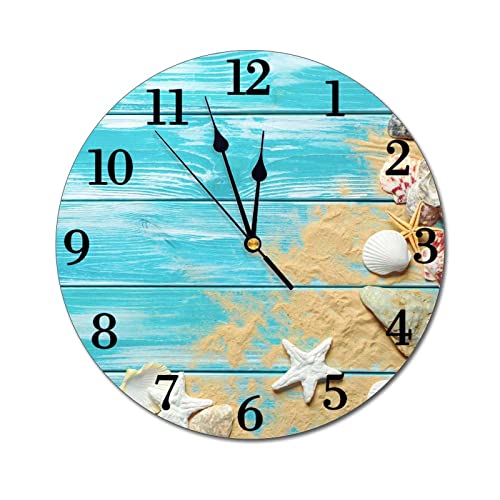 sea Shells Wooden Board Background Wall Clock Battery Operated Silent Round Clock Wall Decor for Home Office School, 12 Inch - color: Sea Shells, size: 12 Inch