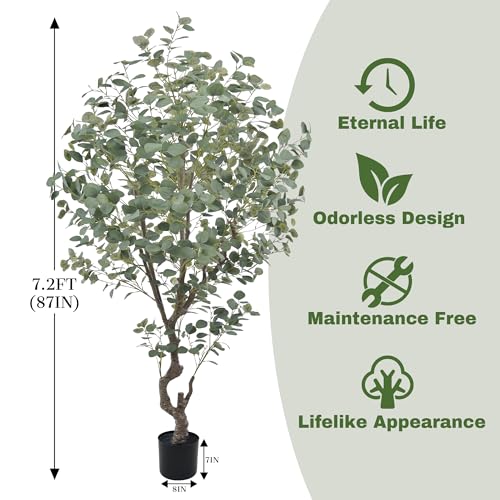 Artificial Eucalyptus Tree 7.2ft Faux Plant with Natural Trunks and Realistic Leaves,Fake Floor Potted Artificial Tall Large Plants for Home Living Room Office Decor Indoor (7.2Feet,1Pack)