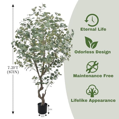 Artificial Eucalyptus Tree 7.2ft Faux Plant with Natural Trunks and Realistic Leaves,Fake Floor Potted Artificial Tall Large Plants for Home Living Room Office Decor Indoor (7.2Feet,1Pack)