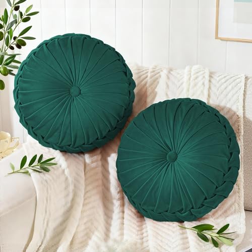 ROSE&RISY Round Pleated Velvet Throw Pillows, 2 Pack Decorative Accent Pumpkin Pillow Cushion for Couch Sofa Bed, Soft Plush Retro Vanity Throw Pillows for Home Decor, 14.5 Inch, Teal - color: Teal