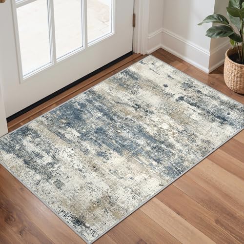 GENIMO 2x3 Small Entryway Rug Washable Non Slip Indoor Door Mat, Navy Blue | Modern Abstract, Lightweight Low Pile Thin Throw Rugs, Spill and Stain Resistant Soft Feel for Kitchen, Bathroom and Bedroom - color: Navy Blue Gray, size: 2' x 3' (Rectangular)