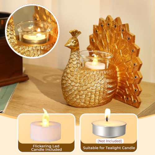 Peacock Tealight Candle Holder, Home Decor Gifts for Women Mom Grandma | with Flameless Candle, Decorative Votive Candle Holder for Table Decor, House Warming Gifts New Home, Christmas Birthday Gift