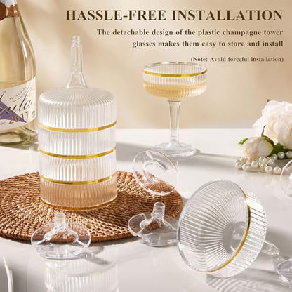 Goodluck 4-Tier Champagne Tower Glass - 20PCS 7oz Champagne Flutes Gold Rim | Plastic Coupe Glasses with Vertical Stripes for Weddings, Celebrations, Parties & Birthdays - color: Clear Gold Rim