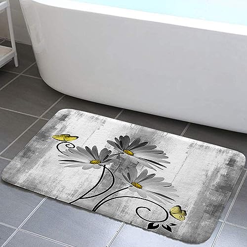 Rustic Farmhouse Bath Mat Set, Farm Gray Daisy Floral Flowers and Butterfly on Country Wooden Bathroom Mat Set with Non-Slip Bath Rug, Soft Toilet Lid Cover and Contour Mat, Turquoise Gray (Gray) - color: Grey