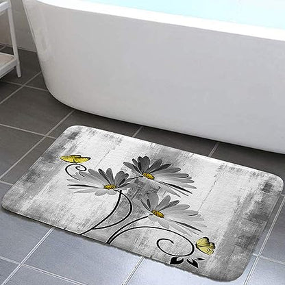 Rustic Farmhouse Bath Mat Set, Farm Gray Daisy Floral Flowers and Butterfly on Country Wooden Bathroom Mat Set with Non-Slip Bath Rug, Soft Toilet Lid Cover and Contour Mat, Turquoise Gray (Gray) - color: Grey