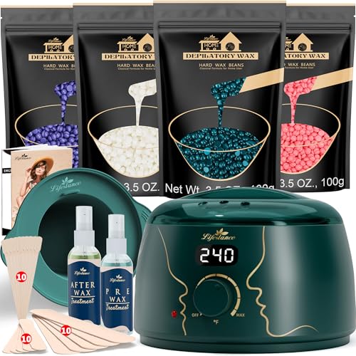Lifestance Waxing Kit for Women & Men - L3 Emerald Alloy Digital Warmer, Silicone Wax Pot Liner, Hair Removal Kit with 14.1oz Hard Wax Beads & Oil Spray Professional for Home Brazilian Bikini Face Leg - color: Chic Enhanced LCD (Emerald Alloy) Kit