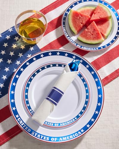 350 Piece 4th of July Blue Star Plastic Dinnerware Set | Disposable Dinnerware Includes: 100 Plates, 50 Pre Rolled Napkins with Silverware, 50 Cups - color: Red Blue, style: 350 Piece (50 guests)
