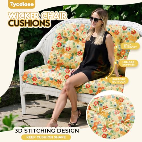 All Weather 3 Pieces Wicker Furniture Chair Cushions, Waterproof Outdoor Wicker Chair Cushion for Patio Furniture Loveseat Settee Bench, 1 Loveseat and 2 U-Shaped Thickened Cushions, Daisy - color: Daisy Cushion