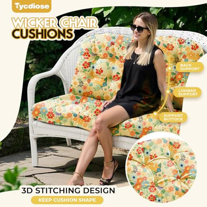 All Weather 3 Pieces Wicker Furniture Chair Cushions, Waterproof Outdoor Wicker Chair Cushion for Patio Furniture Loveseat Settee Bench, 1 Loveseat and 2 U-Shaped Thickened Cushions, Daisy - color: Daisy Cushion