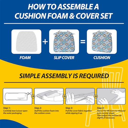 AAAAAcessories D-Shaped Chair Cushions, 2" Thick Dining Chair Pads with Ties and Removable, Machine-Washable Cover, 17" x 16", Set of 8, Geometric Blue - color: Geometric Blue, size: 8 Count(Pack of 1)