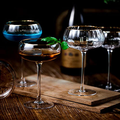 Lysenn Coupe Glasses Set of 4, Vintage Gold Rim Espresso Martini Glass, 9oz | Sturdy Stem, Hand Blown, for Champagne, Martini and Craft Cocktails, Wedding Reception, Dinner Party, Bar Cart, Ideal Gift