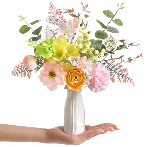 Small 11.8" Artificial Flowers in Ceramic Vase - Yellow Pink Silk Flower Centerpiece for Dining Table, Office, Wedding & Farmhouse, Home Decor Gifts - color: Yellow Pink