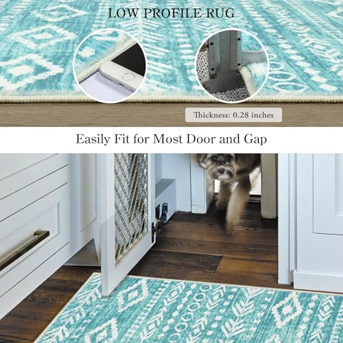 Lahome 2x3 Rustic Geometric Teal/White Area Rug, Machine Washable, Non-Slip Backing, Boho Print Design, Ultra-Thin Soft Indoor Entrance Rug - color: Teal/White, size: 2' x 3'