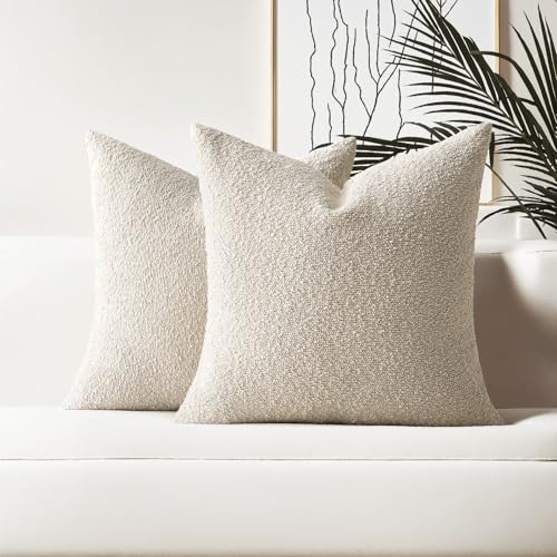 HAUSSY Pack of 2 Boucle Textured Throw Pillow Covers 18x18 Inch, Beige | Decorative Accent Solid Neutral Pillowcases, Machine Washable, Couch Bed Sofa Living Room Home Decor, No Insert - color: Beige, size: 18" x 18" (Pack of 2)