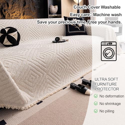 ROOMLIFE Couch Cover 3 Cushion Sofa, Washable Non Slip Furniture Sofa Protector Cover, Soft Chenille Sofa Slipcovers Sectional L Shape Dogs Couch Cover Throw Blanket with Tassels 71''X118'' - color: Hg01#beige, size: Large（71*118IN）