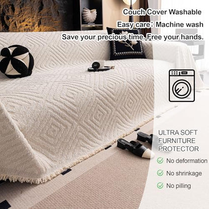 ROOMLIFE Couch Cover 3 Cushion Sofa, Washable Non Slip Furniture Sofa Protector Cover, Soft Chenille Sofa Slipcovers Sectional L Shape Dogs Couch Cover Throw Blanket with Tassels 71''X118'' - color: Hg01#beige, size: Large（71*118IN）