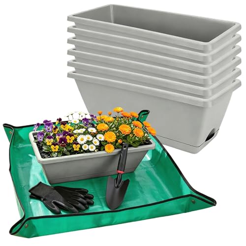 7 Pack 17 Inch Rectangular Plastic Window Box Planters(Offwhite) | Includes trowel, waterproof mat & gloves, perfect for indoor/outdoor herbs, veggies, and flowers - color: Offwhite