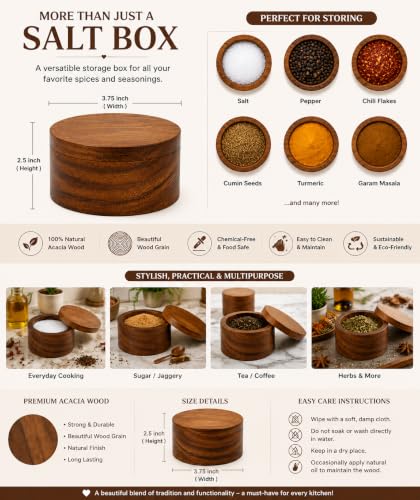 Acacia Wood Salt cellar bowl Box with Swivel Lid – Wooden Salt box for Kitchen Countertop, Salt Keeper for Cooking, Spices & Seasonings