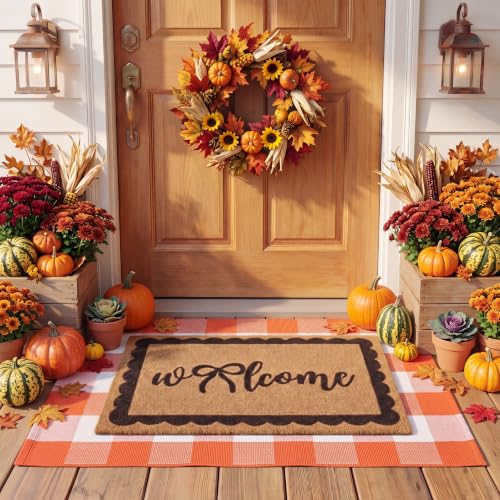 2 Pcs Bow Welcome Front Door Mat Combo Set Halloween Coco Coir Welcome Doormat 27.5''x43'' Layered Buffalo Orange White Plaid Rug Thick Nonslip Backing for Outdoor Porch Entryway Decor - color: Orange