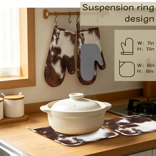 Cowhide Cow Print Oven Mitts and Pot Holders Sets of 4 PCS, Oven Gloves Potholder for Kitchen Cooking Baking BBQ Heat Resistant - color: Cowhide Cow Print