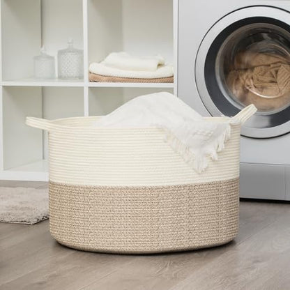 XXXLarge Woven Cotton Rope Basket (21.7" x 13.8") 90L – Blanket Basket for Living Room, Laundry Hamper, Baby Laundry Hamper, Toy Storage, Pillows & Cushions Organizer (Brown) - color: Brown