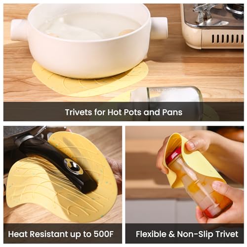4 Pieces Oven Mitts and Pot Holders of Macaron Color Thickened Non-Slip Silicone Kitchen Gloves, Heat Resistant up to 500F, Essential for Kitchen Baking(makal-Huang) - color: Silicone-yellow