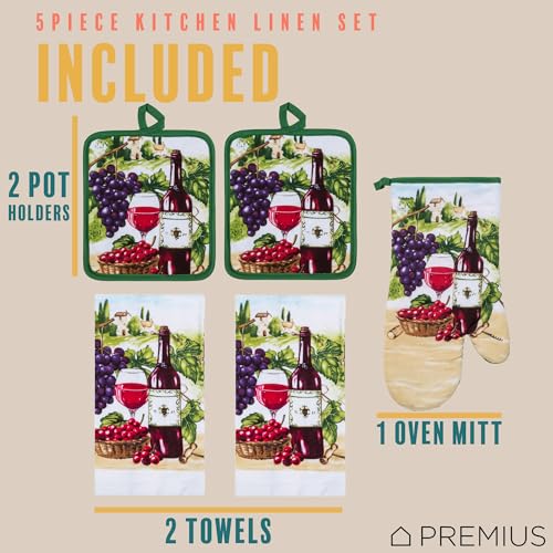 5 Piece Wine Printed Kitchen Linen Set, 2 Cotton Towels, 2 Potholders, 1 Oven Mitt with Hanging Loop, 100% Cotton Material on Front & Polyester Backing, Perfect Kitchen Accessory, Gift - color: Wine