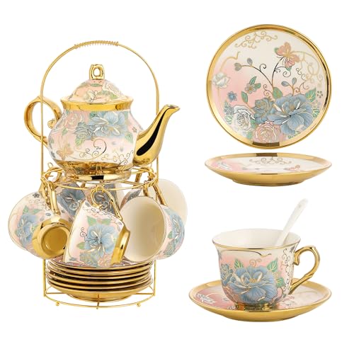 20 Pieces Porcelain Tea Set With Metal Holder, European Ceramic tea set for adults,Flower Tea Set,Tea Set For Women With Flower Painting (VIVID YELLOW, Largr Vision) - color: VIVID YELLOW