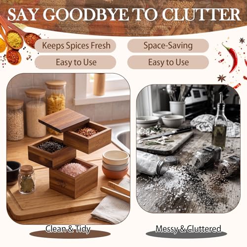 3 Tier Acacia Wood Salt Cellar, Square Swivel Triple Pepper Storage Box, Spice Box with with Magnetic Swivel Lids, Seasoning Holder for Salt, Herbs, and Spices, Grilling & Cooking