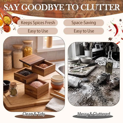 3 Tier Acacia Wood Salt Cellar, Square Swivel Triple Pepper Storage Box, Spice Box with with Magnetic Swivel Lids, Seasoning Holder for Salt, Herbs, and Spices, Grilling & Cooking