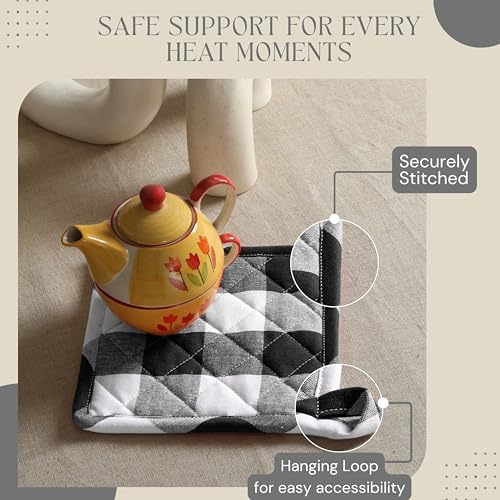 Oven Mitt & Pot Holder Buffalo Plaid Check 100% Cotton Heat Resistant Oven Gloves (7"x13") & Hot Pads (8"x8") Combo for Baking, Cooking - Black - color: Black, Buffalo Plaid