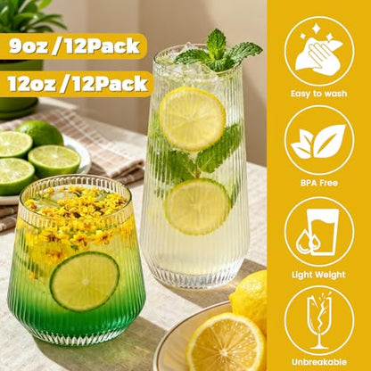 24 Pack Disposable Ribbed Origami Ripple Plastic Champagne Glasses Set | 9OZ Stemless Champagne Flutes and 12OZ Cups, BPA-Free Shatterproof Clear Disposable Cocktail Glasses for Party, Wedding