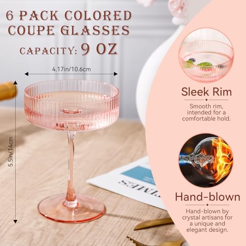 Pink Coupe Glasses Set of 6 |9 oz martini Glasses |Pink Cocktail Glasses Set,Champagne Coupe Glasses for Margarita, Bar,Dessert Glass - color: Pink