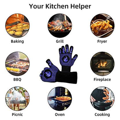BBQ Gloves 1472F Heat Resistant Non-Slip Silicone 2 Pairs (Blue) | Grill Cut-Resistant, Oven Kitchen Safe for Barbecue, Cooking, Frying - color: Blue-2 Pairs
