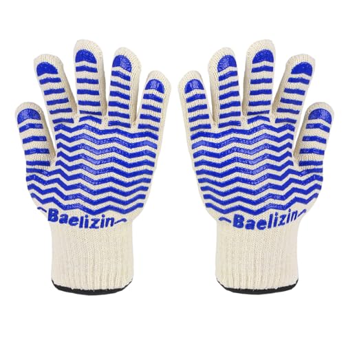 BBQ Grill Gloves, Extreme Heat Resistant Oven Gloves, Silicone Non-Slip Oven Mitts with Fingers, for Barbecue,Grilling, Cooking, Baking-1 Pair(Blue)