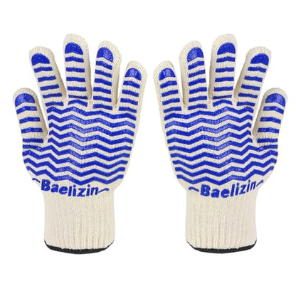 BBQ Grill Gloves, Extreme Heat Resistant Oven Gloves, Silicone Non-Slip Oven Mitts with Fingers, for Barbecue,Grilling, Cooking, Baking-1 Pair(Blue)