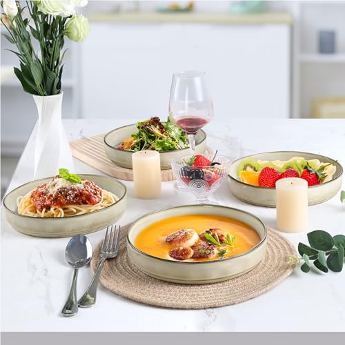LIANYU Stoneware Pasta Bowls, 8.25’’ Large Bowl Sets of 4 | Round Shallow Dinner Plates for Meal, Ceramic Salad Serving Plate for Cereal, Soup, Dishwasher & Microwave Safe, Sandy Beige - color: Sandy Beige
