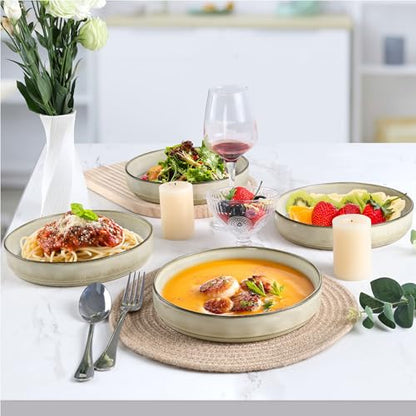 LIANYU Stoneware Pasta Bowls, 8.25’’ Large Bowl Sets of 4 | Round Shallow Dinner Plates for Meal, Ceramic Salad Serving Plate for Cereal, Soup, Dishwasher & Microwave Safe, Sandy Beige - color: Sandy Beige