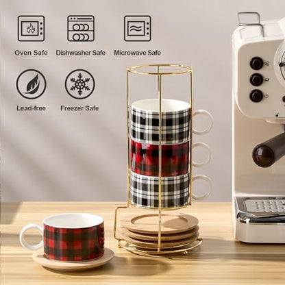LUKA Porcelain Espresso Cup with Metal Stand,6 Ounce Stackable Ceramic Demitasse Espresso Mugs Cappuccino Cups Set for Latte,Coffee,Cafe Mocha,Tea - Set of 4 (Plaid Red & Gray) - color: Red Black Plaid