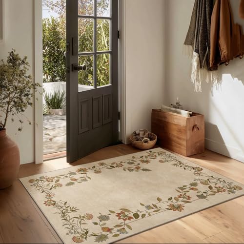 2x3 Washable Small Rug for Entryway: Door Mat Indoor Entrance Stain Resistant Non Slip Rubber Backed Low Pile Soft Throw Area Rugs for Bedroom Kitchen Front Door Indoor Entrance Foyer Entry - color: Edge Floral Cream Brown, size: 2' x 3' (Rectangular)