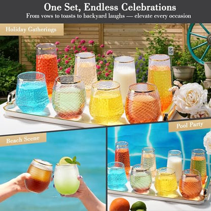 48 Pack Plastic Wine Glasses – 24 x 9oz Stemless Champagne Flutes & 24 x 12oz Disposable Wine Glasses – Elegant Disposable Plastic Cups with Gold Rim – BPA-Free Drinkware for Weddings, Parties-Spiral - color: Gold Rim Hammered