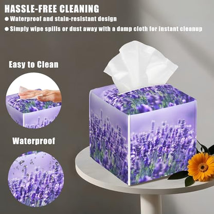 Lavender Flowers Tissue Box Cover Square, Tissue Box Holder with Bottom Belt Leather Facial Paper Organizer Dispenser for Bathroom Bedroom Dresser Night Stand Tabletop - color: Lavender Flowers