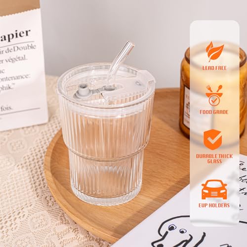 13oz/400ML Glass Tumbler with Straw and Lid Ribbed Vertical Ice Coffee Cups Sealed Carry on for Coffee Iced Tea, Thick Wall Glassware Tumbler Water Glass - color: 1Pack Clear-A