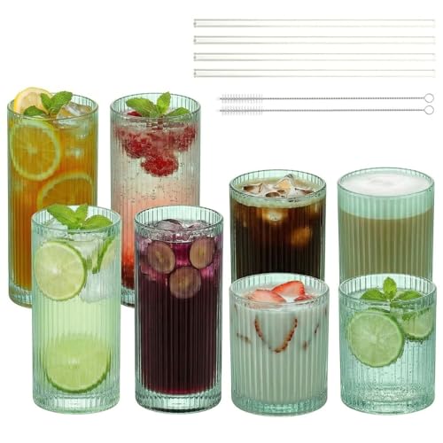 Ribbed Glass Cups with Straws, Green Glass Drinking Cups, Drinking Glasses Set of 8, 13oz Highball & 10oz Water Glasses, Vintage Kitchen Glassware Set for Juice, Whiskey, Coffee, Cocktail - color: Green, size: Vertical-Ribbed