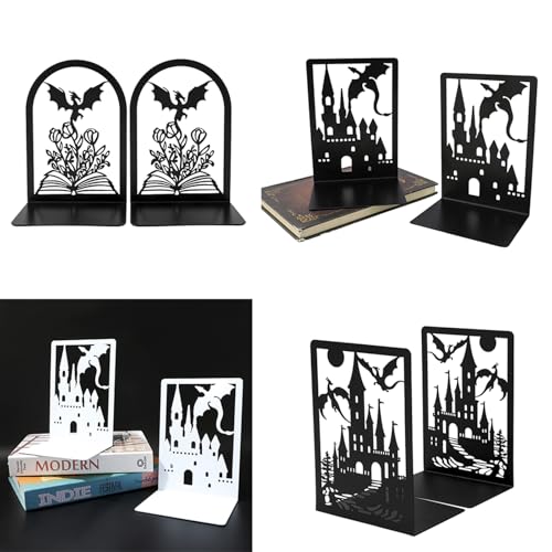4 Pairs Dragon Book Ends, Heavy Duty Metal Bookends for Shelves | Non Skid Metal Book Divider Decorative Holder, Abstract Art Desgin Book Stopper Supports for Office, Home - color: 4 Pairs Bookend